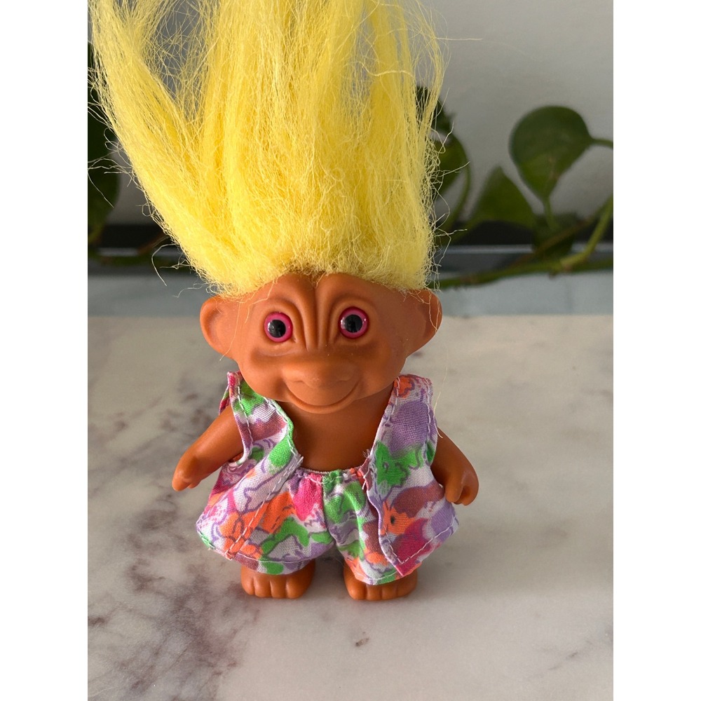 Vintage "Good Luck Troll" Doll Yellow Hair Unique Pink Eyes Floral Vest Shorts